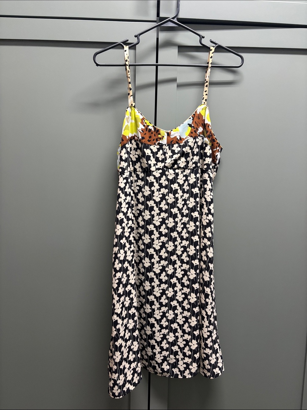 CAbi Black and Cream Floral Slip Midi Dress with Yellow & Brown Accents